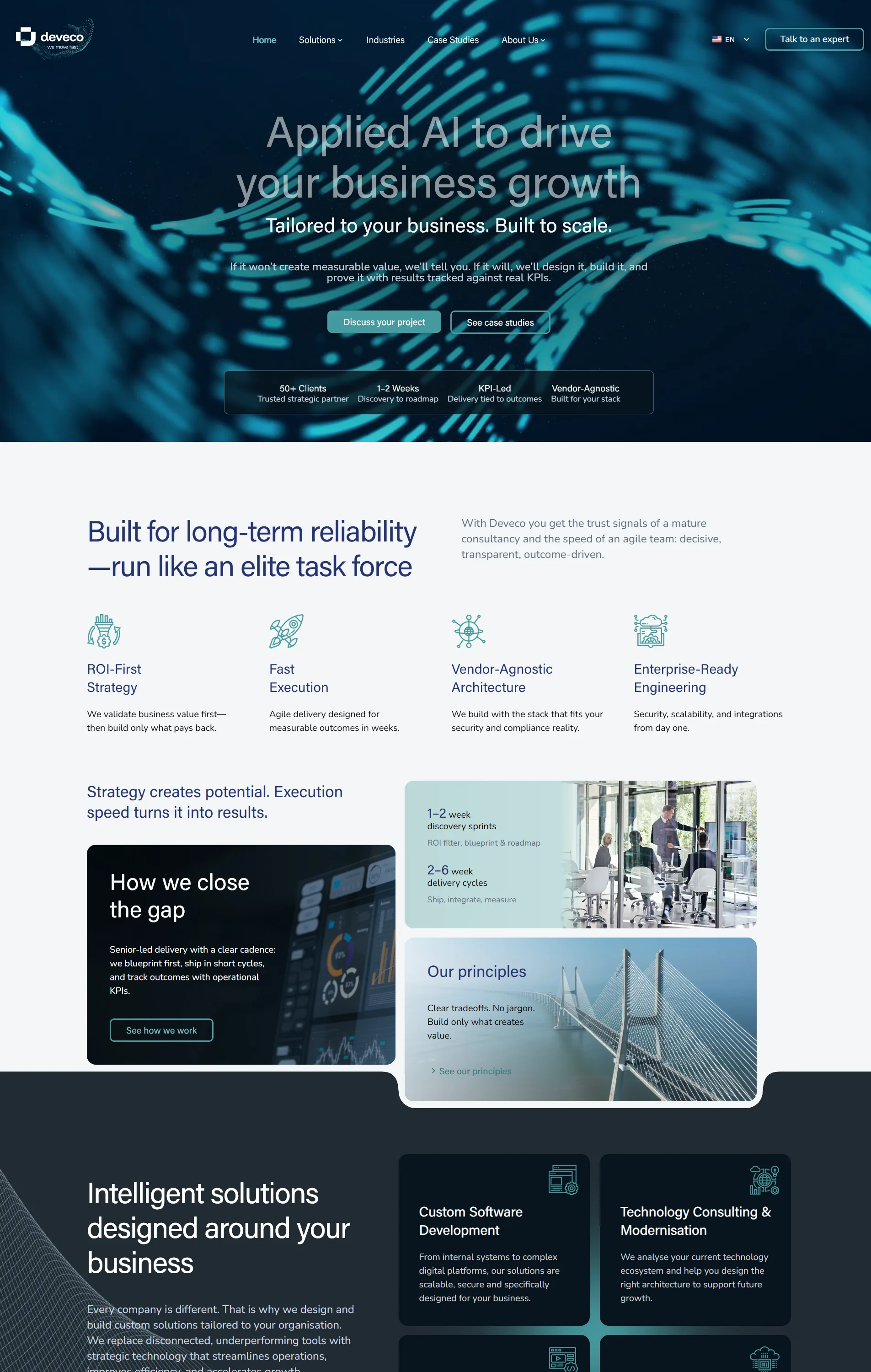 The redesigned consultancy homepage: dark theme with a full-width animated hero