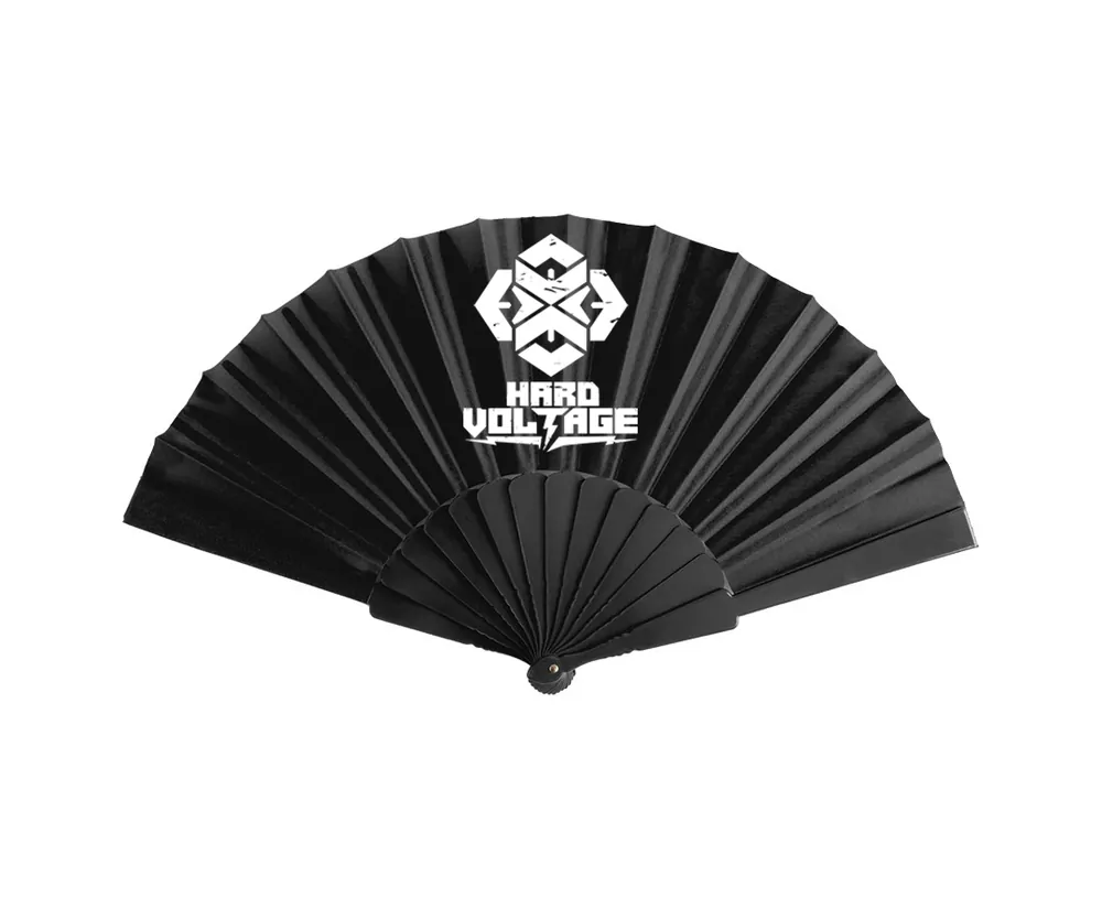 Black folding hand fan printed with the white collective mark and logotype